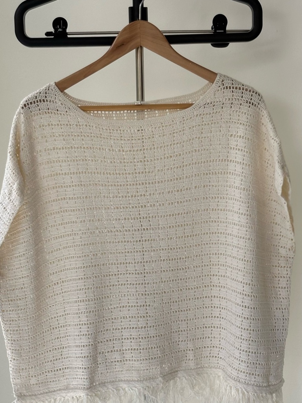 Joie Cream Openweave Fringe Hem Scoop Neck Sweater
